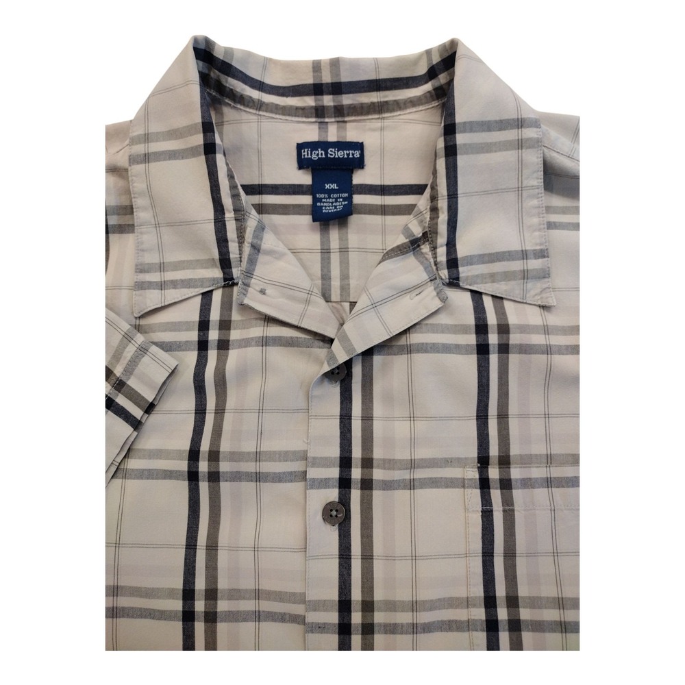 Men's High Sierra Short Sleeve Button Up Tan Navy Gray Plaid Shirt 2XL